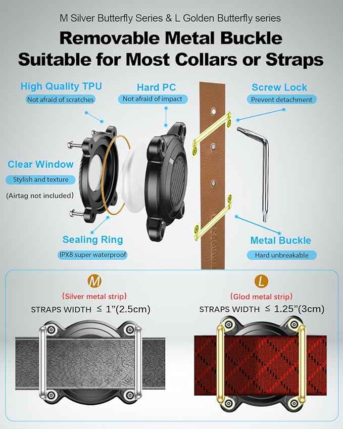 Airtag Dog Collar Holder, IPX8 Waterproof, Removable Metal Buckle Strap - Ultralight Hard TPU, Compatible With Apple AirTag, Black 1 Pack
