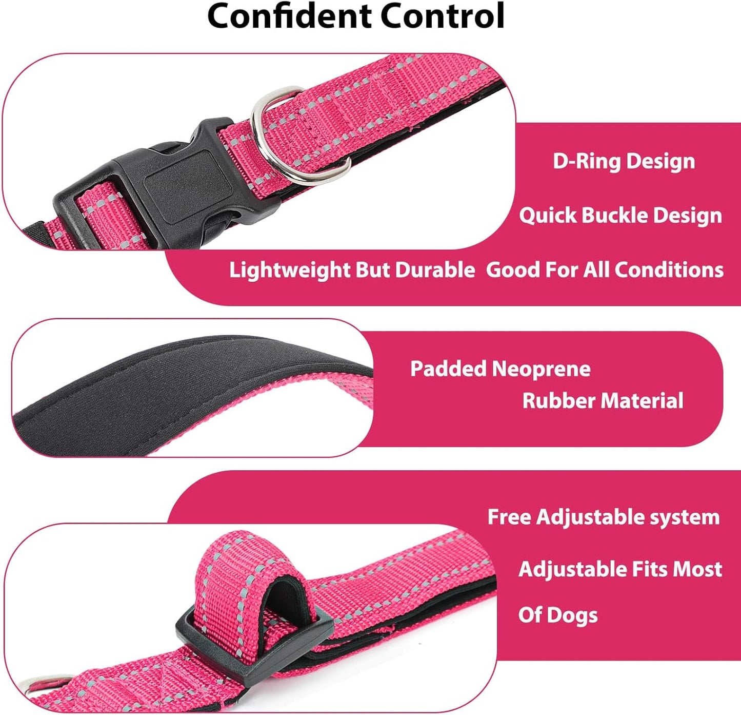 Reflective Dog Collar Padded with Soft Neoprene Breathable Quick Release Basic Dog Collars for Puppy Small Dogs Hot Pink