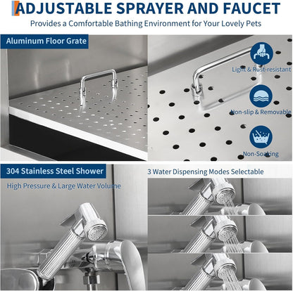 Stainless Steel Dog Washing Station - Dog Bath Tub for Large, Medium, Small Dogs, Pet Grooming Tub with Ramp, Non-Slip Grate, Shower, Soap Box, Faucet, Drain for Home & Outdoor （Left RAMP, 50"）
