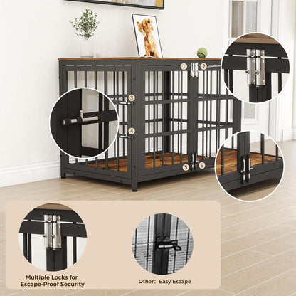 38 Inch Heavy Duty Wooden Dog Kennel End Table with Double Door Design and Secure Locks, Indoor Pet Crate Furniture for Medium Dogs, Decorative Home Cage Design,Aged Black