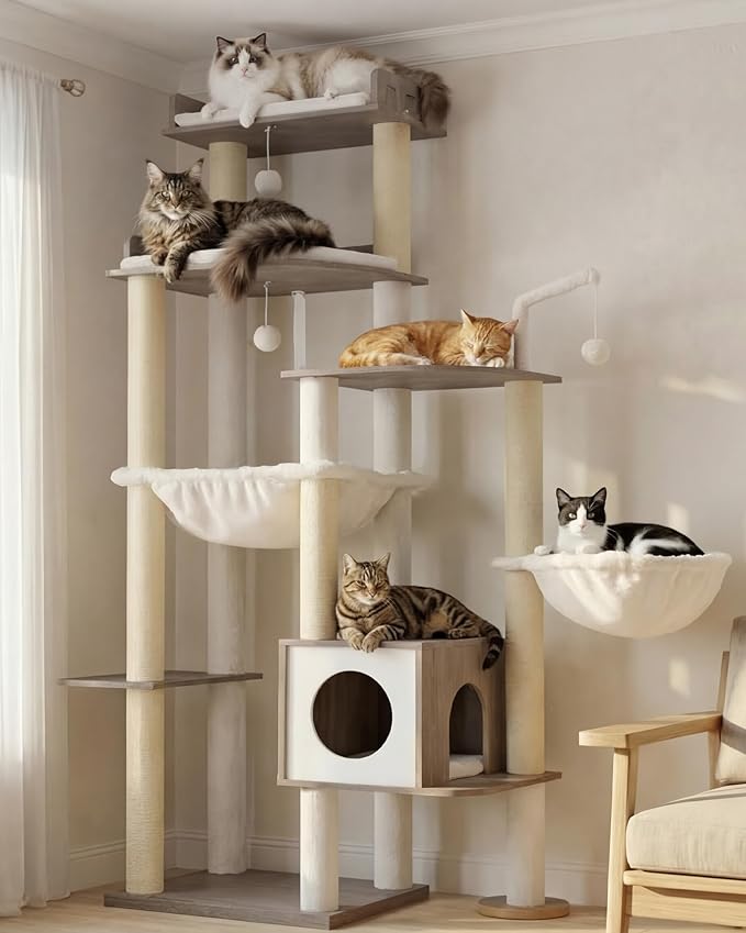 Heybly Cat Tree, 70.5 Inch Wood Tall Cat Tower for Large Indoor Cats with Extra Stable Structure, Modern Cat Furniture with All-Sisal Scratching Posts, Cat Condo & Hammocks, Greige HCT121SG