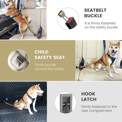 IOKHEIRA Dog Seat Belt 3-in-1 Car Harness for Dogs Adjustable Safety Seatbelt for Car Durable Nylon Reflective Bungee Fabric Tether with Clip Hook Latch & Buckle, Swivel Zinc Alloy Carabiner Green