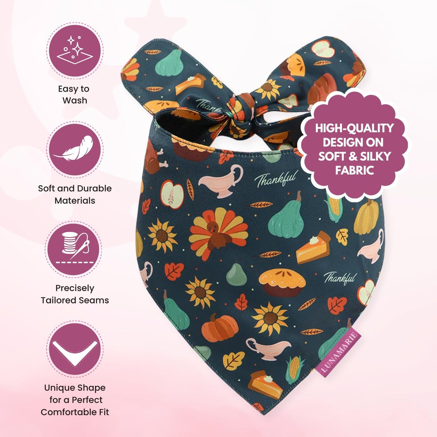 LunaMarie - Luxury Pet Birthday Bandanas -Premium & Silky Poly Fabric | 100% Handmade | Custom Shape Dual Layered (Thanksgiving, Small)