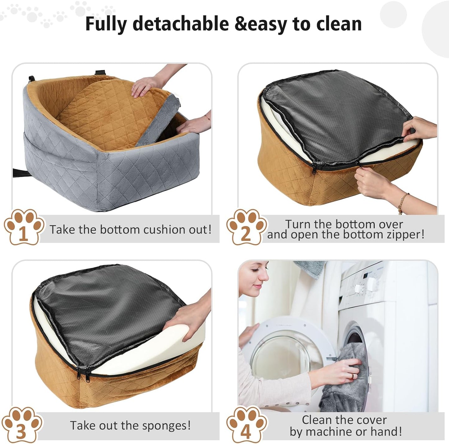 Dog Car Seat for Small Medium Dogs,Detachable Washable Dog Booster Seat Under 30lbs, Pet Car Seat Travel Bed with Storage Pockets and Dog Safety Belt(Grey/Brown) - Pawvie
