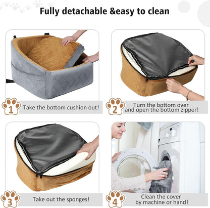 Dog Car Seat for Small Medium Dogs,Detachable Washable Dog Booster Seat Under 30lbs, Pet Car Seat Travel Bed with Storage Pockets and Dog Safety Belt(Grey/Brown) - Pawvie