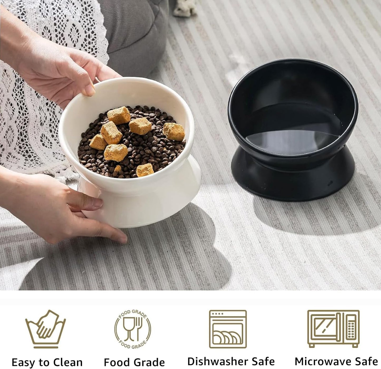 YINGFAN Elevated Cat Bowls, 5oz Ceramic Raised Cat Bowl for Cats/Kittens with Tilted Design, Porcelain Cats Feeding Dishes for Food/Water, Anti Vomit, Microwave & Dishwasher Safe (Light White)