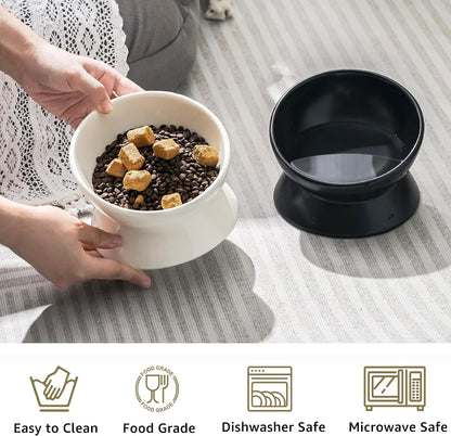YINGFAN Elevated Cat Bowls, 5oz Ceramic Raised Cat Bowl for Cats/Kittens with Tilted Design, Porcelain Cats Feeding Dishes for Food/Water, Anti Vomit, Microwave & Dishwasher Safe (Light White)