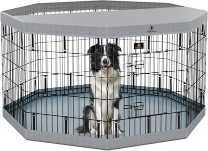 PJYuCien Dog Playpen, 8 Panels 30”H Dog Playpen Indoor with Grey Bottom Pad and Top Cover, Metal Foldable Dog Pen for Indoor Use, Better for Small Medium Animals, Grey