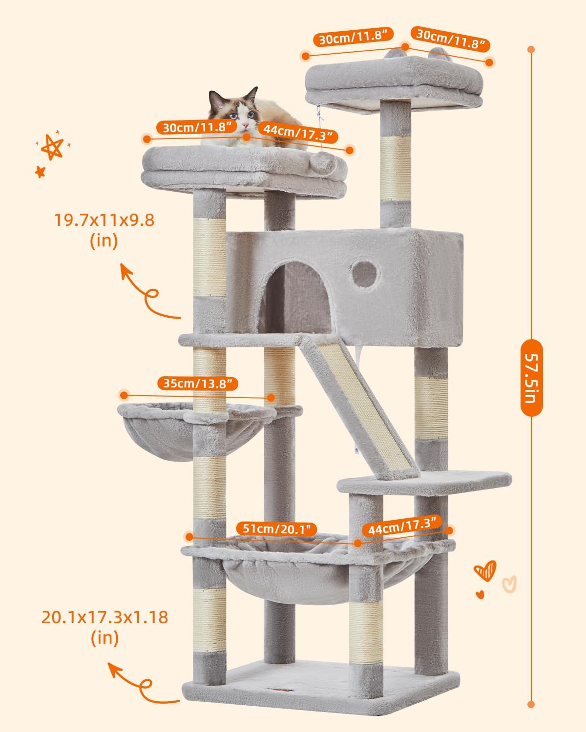 Taoqimiao Cat Tree 57.5-Inch, Cat Tower for Indoor Cats Large Adult, Extra Large Cat Condo, 8 Sisal Scratching Posts, Metal Frame Cozy Hammock, Durable Scratch Board, 2 Top Perches, Light Gray MS026W