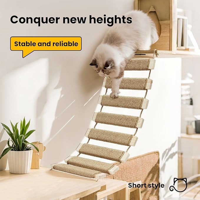 20in Cat Ladder & Bridge, Outdoor Cat Tree with Jute Rope, Multi-Level Climbing Frame & Scratcher for Indoor/Outdoor Cats (Wood Tone, 20in)