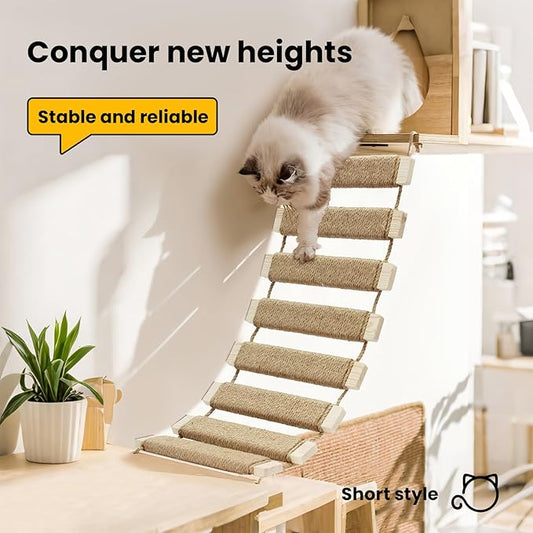 20in Cat Ladder & Bridge, Outdoor Cat Tree with Jute Rope, Multi-Level Climbing Frame & Scratcher for Indoor/Outdoor Cats (Wood Tone, 20in)
