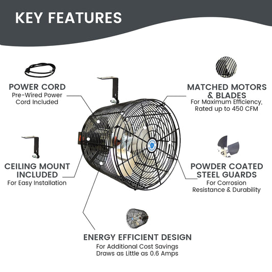 Schaefer VK12-B VersaKool Air Circulator Ceiling Wall Mount Greenhouse Fan & Aluminum Blade, 1470 CFM, 1/10 hp, Energy-Efficient Commercial Fan for Patio, Garage, Industrial & Workshop (Black)
