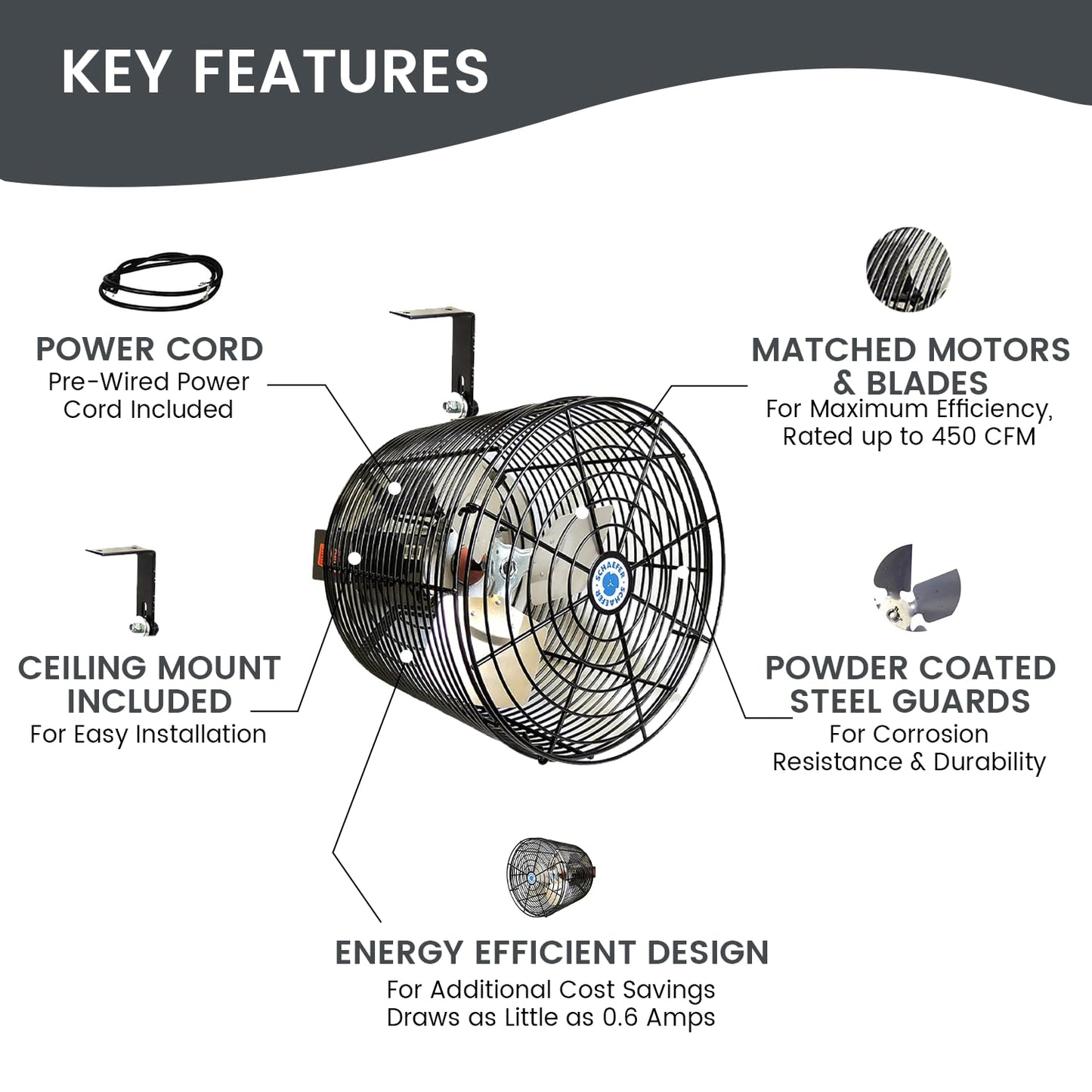 Schaefer VK12-B VersaKool Air Circulator Ceiling Wall Mount Greenhouse Fan & Aluminum Blade, 1470 CFM, 1/10 hp, Energy-Efficient Commercial Fan for Patio, Garage, Industrial & Workshop (Black)