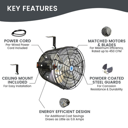 Schaefer VK12-B VersaKool Air Circulator Ceiling Wall Mount Greenhouse Fan & Aluminum Blade, 1470 CFM, 1/10 hp, Energy-Efficient Commercial Fan for Patio, Garage, Industrial & Workshop (Black)