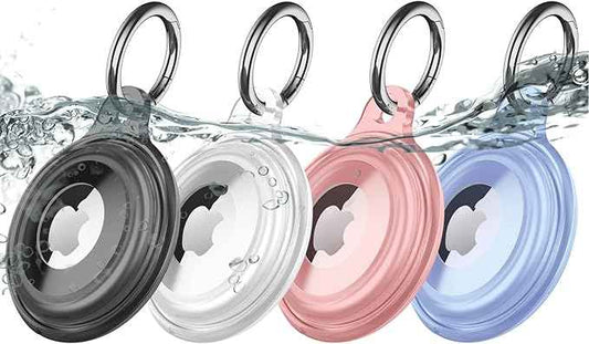 4 Pack IPX8 Waterproof Compatible with AirTag Keychain Holder Case, Lightweight, Anti-Scratch, Easy Installation,Soft Full-Body Shockproof for Luggage,Keys, Dog Collar (Black+Clear+Pink+Blue)