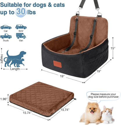 Dog Car Seat for Small Dogs Under 30lbs,Ultra Soft Fabric & Memory Foam Pet Travel Car Bed,Washable & Detachable,Anti-Slip Bottom,2 Storage Pockets and Safety Tethers(Black/Brown) - Pawvie