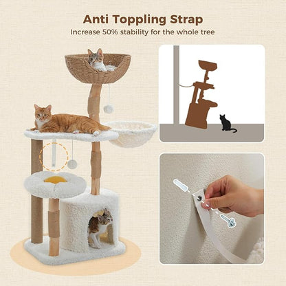 PEQULTI 48.5'' Modern Cat Tree for Large Indoor Cats Solid Wood Cat Tower with Luxury Cat Condo, Cozy Hammock, Scratching Post, Rattan Perch and Flower Cat Bed, White