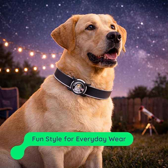 Dog AirTag Holder for Dog Collar, Soft Silicone Slide-On Case for Apple AirTag, No-Dangle Quiet Protective Holder with Eye-Catching Pet Character Designs, Black-Rocket Pilot
