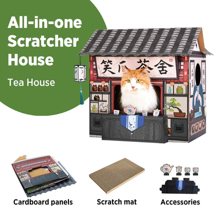 Cat Beds for Indoor Cats, Cardboard House with Scratchers, Tea House, Large Sturdy Cat Furniture Condo Cave Tent, Easy to Assemble Pet Toys Accessories Stuffs, Bunny Small Animals