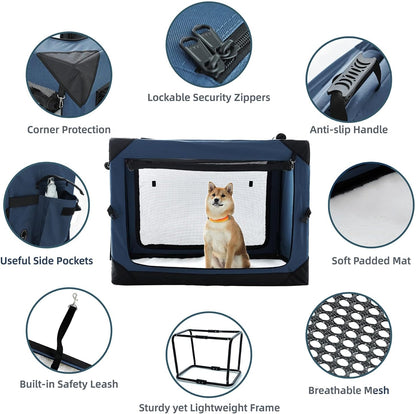 Pettycare 42 Inch Collapsible Dog Crate for Large Dogs, 4-Door Foldable Soft Side Kennel with Chew Proof Mesh Windows, Indoor & Outdoor Travel Crate, Navy Blue