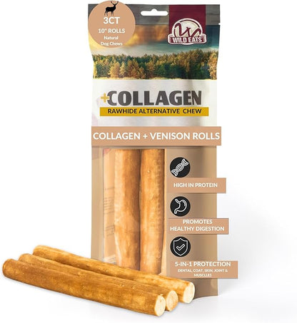 Wild Eats Venison Flavor Collagen Retriever Style Cheek Rolls 10" Dog Chews-3 Pack (Long Lasting Dog Chews Treats & Bones for Medium Dogs) Substitute for Pig Ears for Dogs