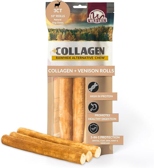 Wild Eats Venison Flavor Collagen Retriever Style Cheek Rolls 10" Dog Chews-3 Pack (Long Lasting Dog Chews Treats & Bones for Medium Dogs) Substitute for Pig Ears for Dogs