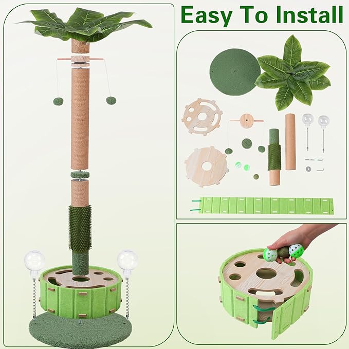 40" Tall Cat Scratching Post, Scratching Posts for Indoor Cats Adults and Kittens with Rotating Hanging Ball, Interactive Cat Puzzle Toy and Spring Cat Treat Dispenser, Palm Tree Scratch Post for Cats