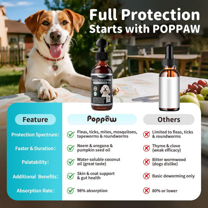 Flea & Tick Drops for Dogs – Natural Prevention with Neem, Oregano & Pumpkin Seed Oil – Liquid Supplement, Beef Flavor, 2 FL Oz, Long-Lasting Protection for All Breeds & Sizes