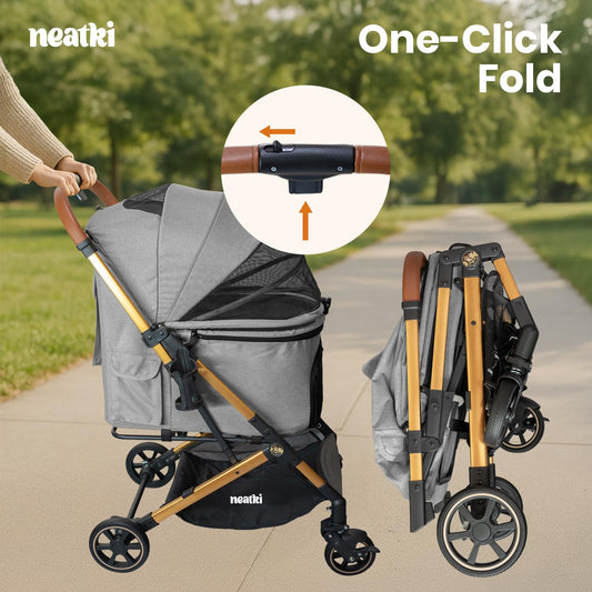 Foldable Pet Stroller for Dogs and Cats, 33 lbs Capacity, 360° Swivel Front Wheels, One-Click Fold, Brake System, Leash & Lock Clips, Removable Washable Padding, and Cup Holder (Gray, 33 lbs)