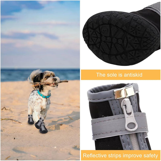 Dog Shoes for Small Dogs, Puppy Dog Boots & Paw Protector for Winter Snow Day, Summer Hot Pavement, Waterproof in Rain Weather, Ourdoor Hiking, Indoor Hardfloors with Anti Slip Sole 4PCS/Set