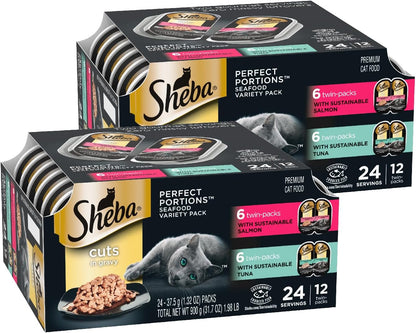 Sheba Perfect Portions Wet Cat Food Cuts in Gravy Variety Pack, with Sustainable Tuna and with Sustainable Salmon, 2.6 oz. Twin-Pack Trays (12 Count, 24 Servings) (Pack of 2)