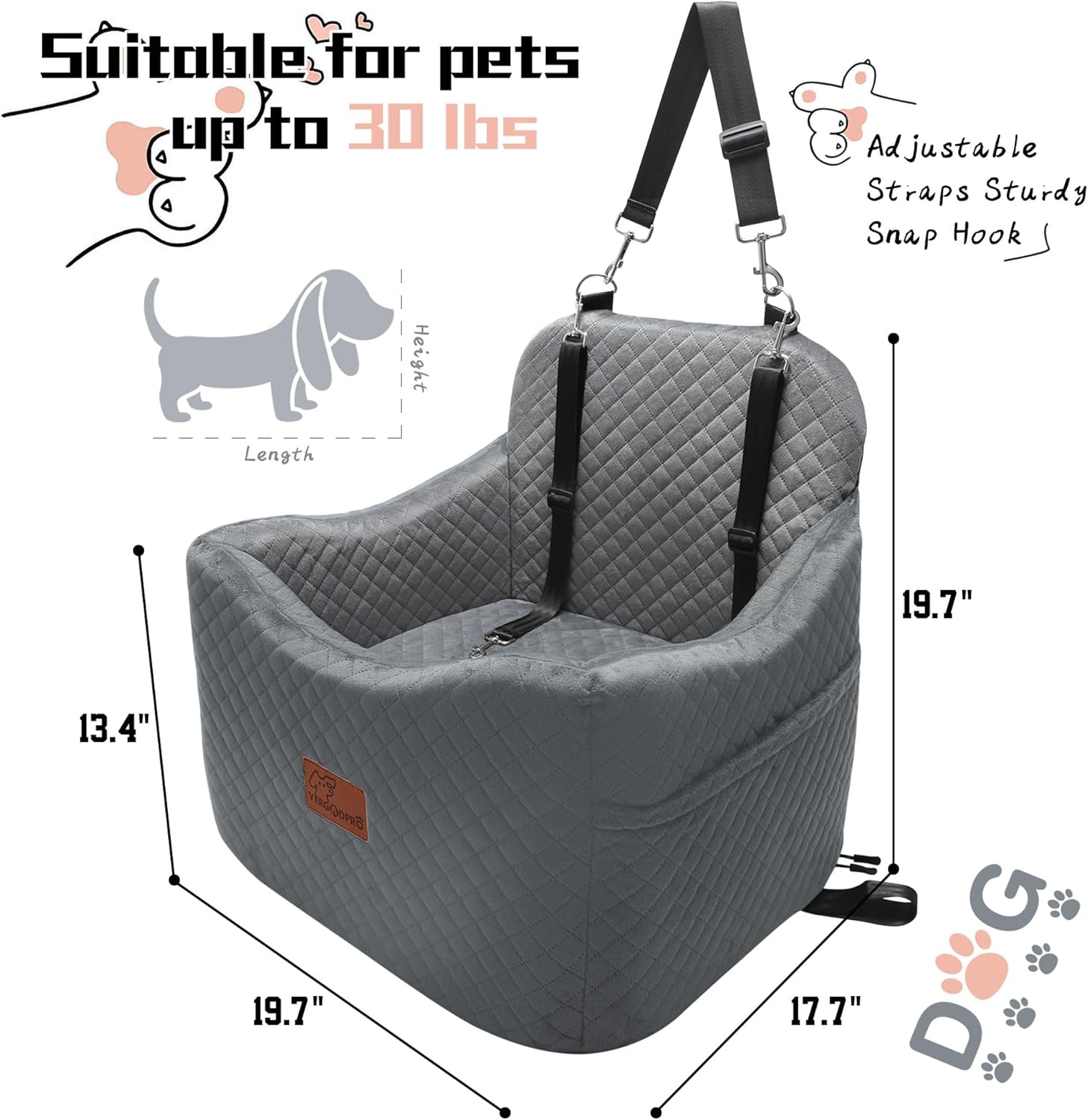 Dog Booster Car Seat for Dogs under 35lbs,Elevated Pets Seat with Safety Strap,Ultra Soft Fabric and Memory Foam Car Dog Bed,Safety,Comfy,Non-Slip&Washable Carseat Cushion for Travel,Cars,SUV.(H-Grey) - Pawvie