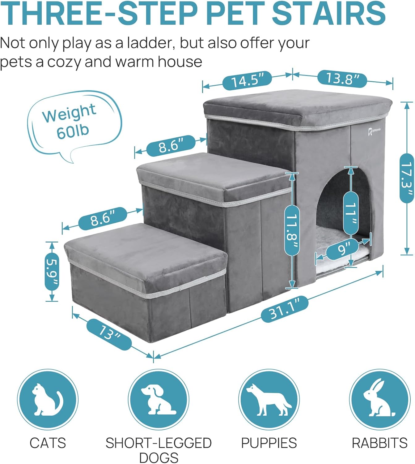 Foldable Pet Stairs for Beds & Sofas - Non-Slip Dog Steps with Storage for Small to Medium Dogs & Cats, Supports up to 120 lbs - Durable 2 & 3-Step Doggie Ladder for Easy Access - Pawvie