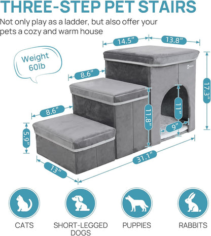 Foldable Pet Stairs for Beds & Sofas - Non-Slip Dog Steps with Storage for Small to Medium Dogs & Cats, Supports up to 120 lbs - Durable 2 & 3-Step Doggie Ladder for Easy Access - Pawvie