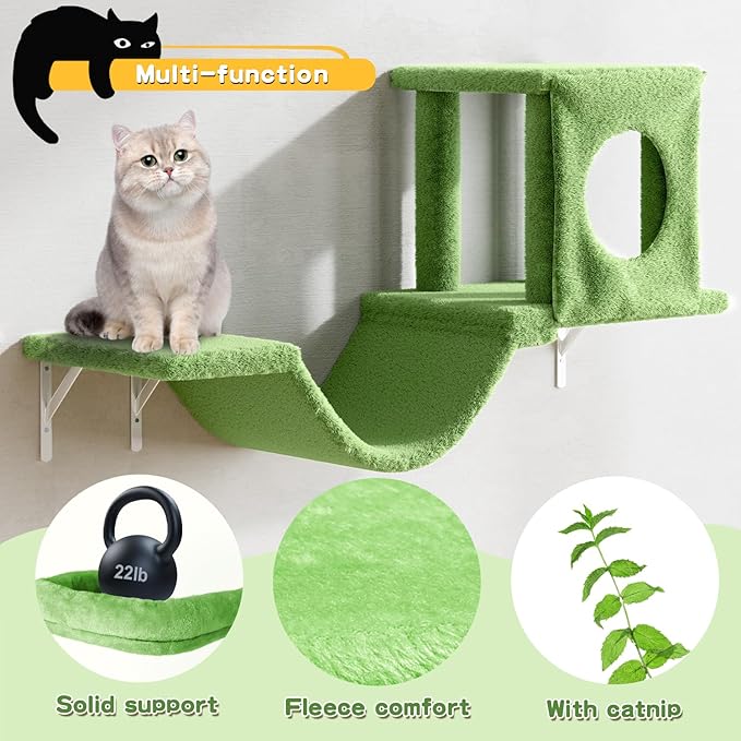 NUNU LAB Wall Mounted Cat Wall Shelves, 12-in-1 Cat Wall Climber with Condos House, Scratching Post, Bridge Ladder, Indoor Space-Saving Furniture for Kittens Play, Green