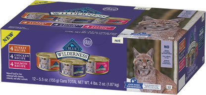 Blue Buffalo Wilderness High Protein, Natural Adult Pate Wet Cat Food Variety Pack, Chicken, Salmon, Turkey 5.5-oz can (12 count - 4 of Each Flavor)