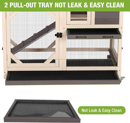 GUTINNEEN Rabbit Hutch Indoor Mobile Bunny Cage with Run Wooden 2 Story Guinea Pig Cage Outdoor for Small Animals with Wheels,Two Deeper No Leak Trays(Brown)