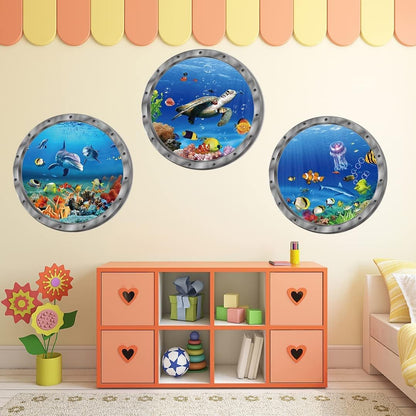 9PCS Ocean Animals World Under Sea Decor Sea Turtles Dolphins Fishes Sharks Coral Removable 3D Peel and Stick Vinyl Stickers