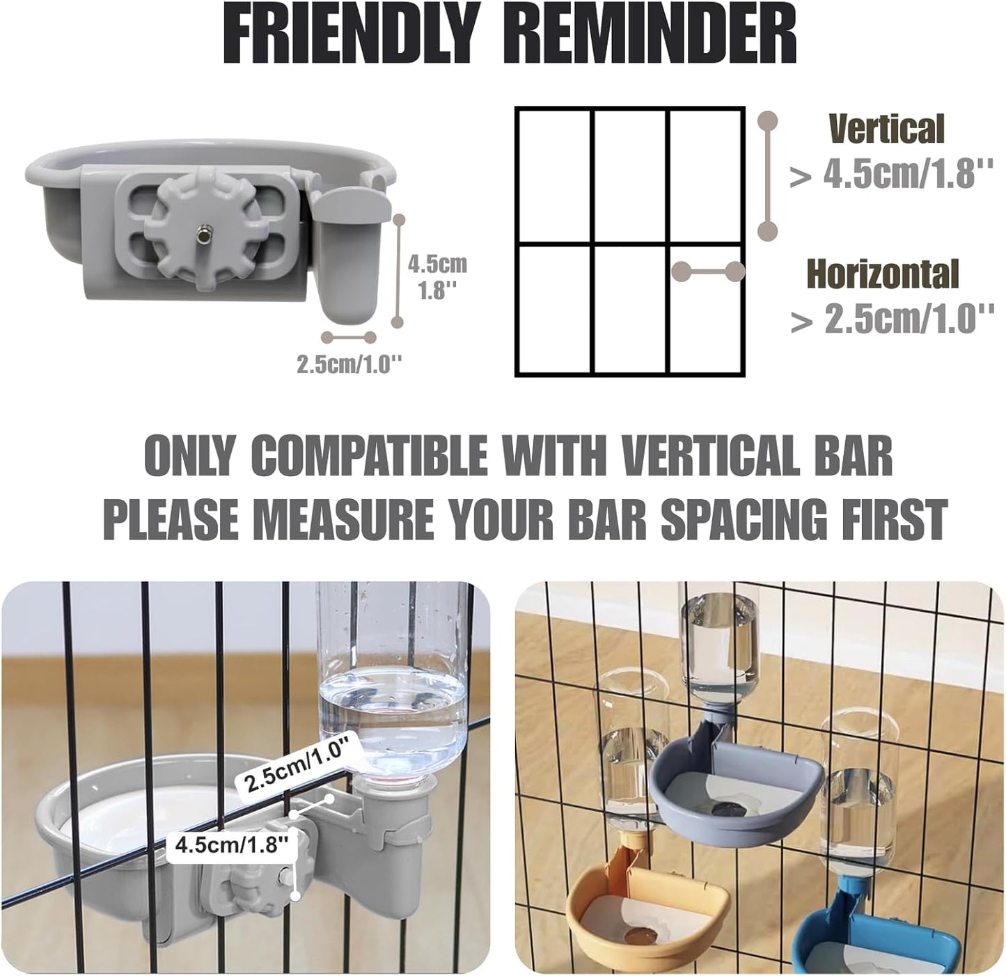 Automatic Pet Food Water Dispenser, Auto Gravity Pet Feeder Water Bottle Set for Crate, Feeding Station for Small Dog Cat Rabbit Guinea Pigs Chinchilla Ferret Hedgehog (Gray)