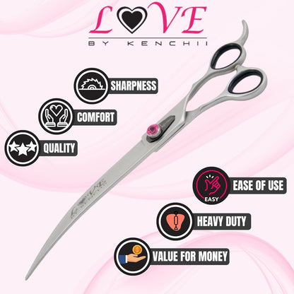 Kenchii Love Left Handed Dog Grooming Scissors, 9 Inch Curved Shears, Dog Scissors for Grooming, Professional Pet Grooming Scissors, Ergonomic & Comfortable