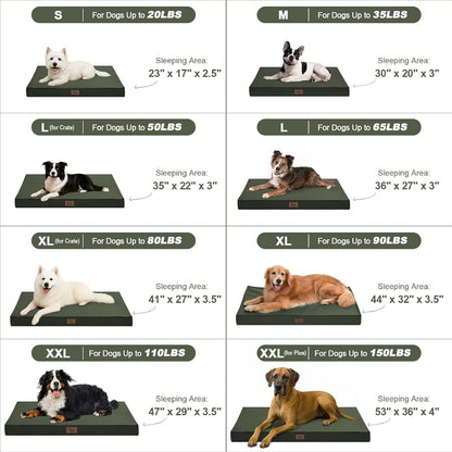 Outdoor All Weather Dog Bed, XXL Waterproof Dog Bed for Large Dogs, Orthopedic Egg Foam Pet Bed Mat with Removable and Washable Oxford Cooling Cover, Dark Green