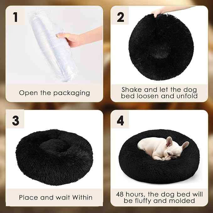 28in Large Dog Bed, Medium Size Dog and Cats, Calming Donut Bed for Puppy and Kitten, Washable Round Fluffy Pet Bed (Black)