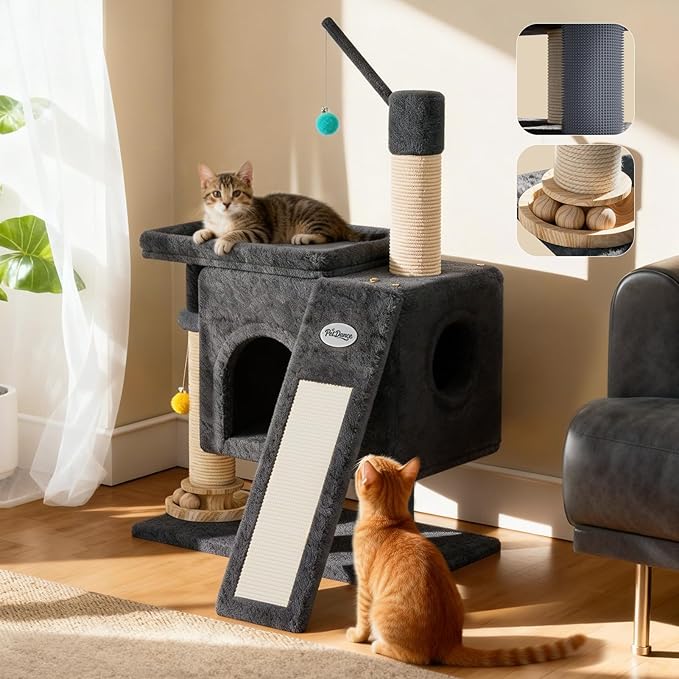 PetDance 37in All-in-1 Small Cat Tree for Indoor Cats | Space-Saving Cat Tower with Cozy Condo, Cat Window Perch, Sisal Scratching Posts, Interactive Ball Track Toy & Self-Grooming Brush,Dark Gray