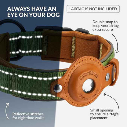 CollarDirect Airtag Dog Collar Reflective Nylon Neoprene Leather Holder for Apple Air Tag for Large, Medium, and Small Dogs (Green, M, 13.5-16.5 Inch)