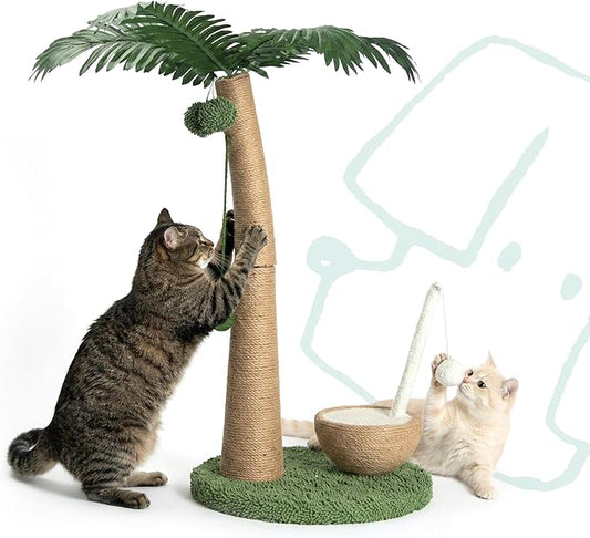 Cat Scratching Post 33 Inch Palm Tree with Hanging Balls and Coconut Straw Toy, Cat Scratcher for Indoor Kittens, Extra Stable Base, Paw-Friendly Jute Material M