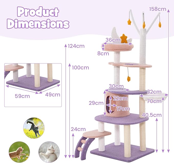 PETSITE Star and Moon-Themed Cat Tree Tower, Multi-Level Modern Cat Tower with Sisal Scratching Posts, Cat Condo, Side Hammock, Hanging Dangling Toys, Cute Cat Tree for Indoor Cats (62 Inch Tall)