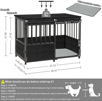 KOOPRO 40 Inch Dog Crate Furniture with Cushion for Small Medium Dogs, Wooden Heavy Duty Dog Kennel with Double Doors, Decorative Pet House Dog Cage Side End Table Indoor, Sliding Door Chew-Resistant