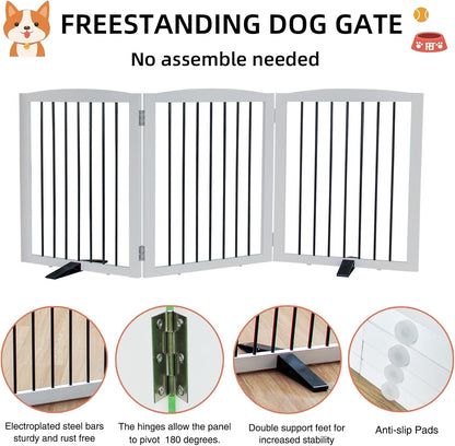 ZJSF Freestanding Panel Dog Gate for Indoor, Doorways,Stairs, or Hallways,Foldable Wooden White Dog Gates for House,Pet Gate for Dogs,Dog Fence, Puppy Gate,Support Feet Included,32 "Height-3 Panels
