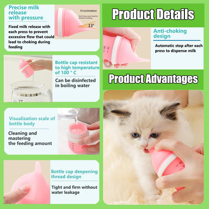 Kitten Bottles for Nursing,Puppy Bottles for Nursing Puppy Milk, Anti-Choking Puppy Feeder Design, with 2 Extra Replaceable Silicone Nipples for Convenient Replacement (Pink)