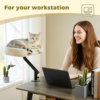 PAWZ Road Cat Desk Bed for Indoor Cats, Cat Bed for Desk Supports Up to 50 lbs, 360° Rotation & Adjustable, Nest Desktop Attachment Cats Hammock for Table, White